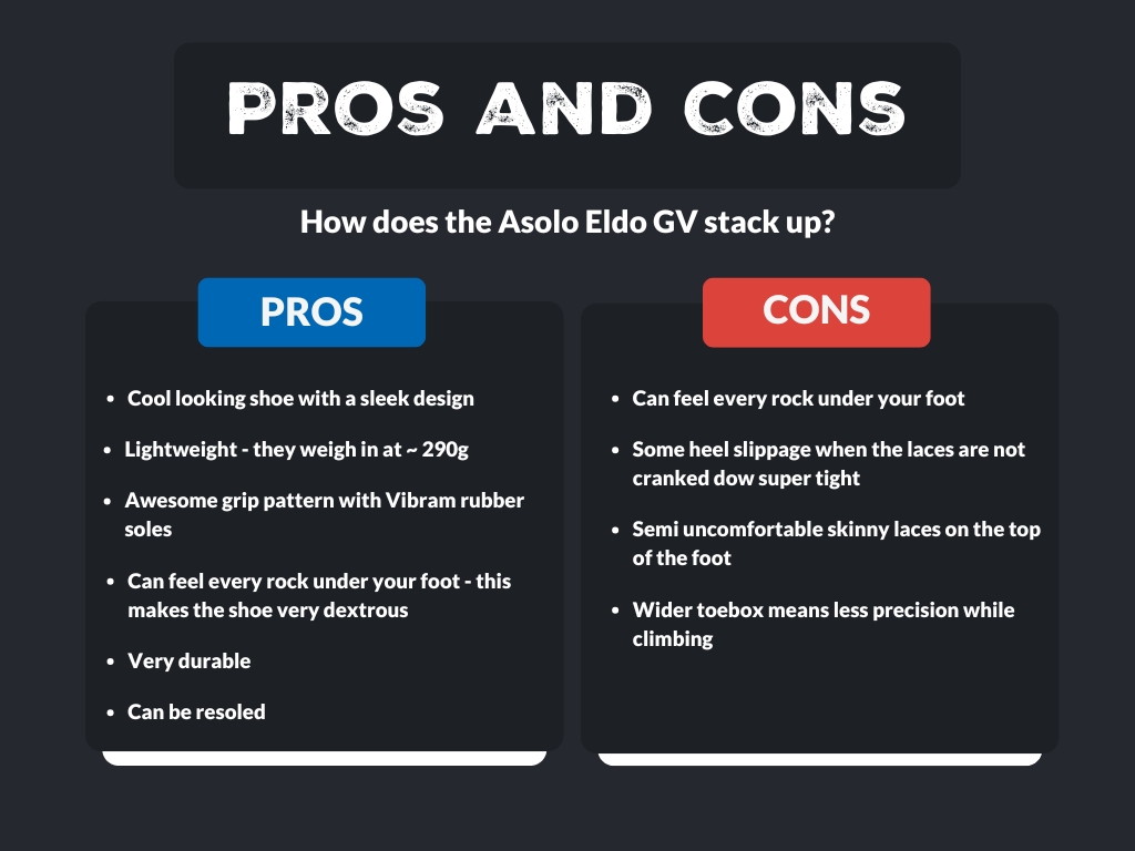 A pros and cons list for the Asolo Eldo GV Approach shoe